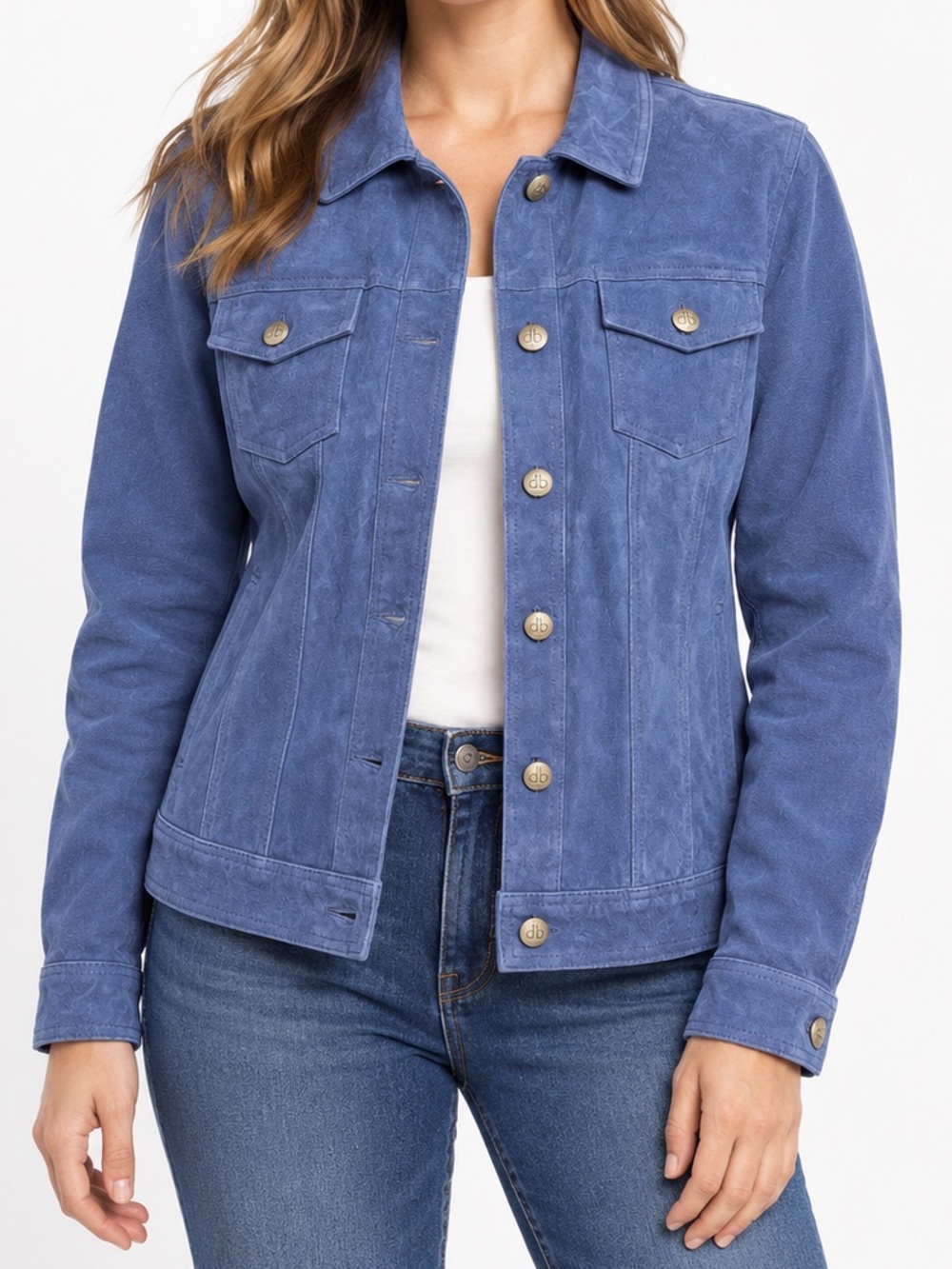 dennis basso Periwinkle Suede Button-Front Jean Jacket